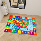 USA Map ABC Kid Rug 39.4" × 63" for Playroom Geography Classroom Rug Educational Baby Playmat Alphabet Mat for Primary School Fluffy Ployester Non-Slip Preschool Carpet for Nursery Room