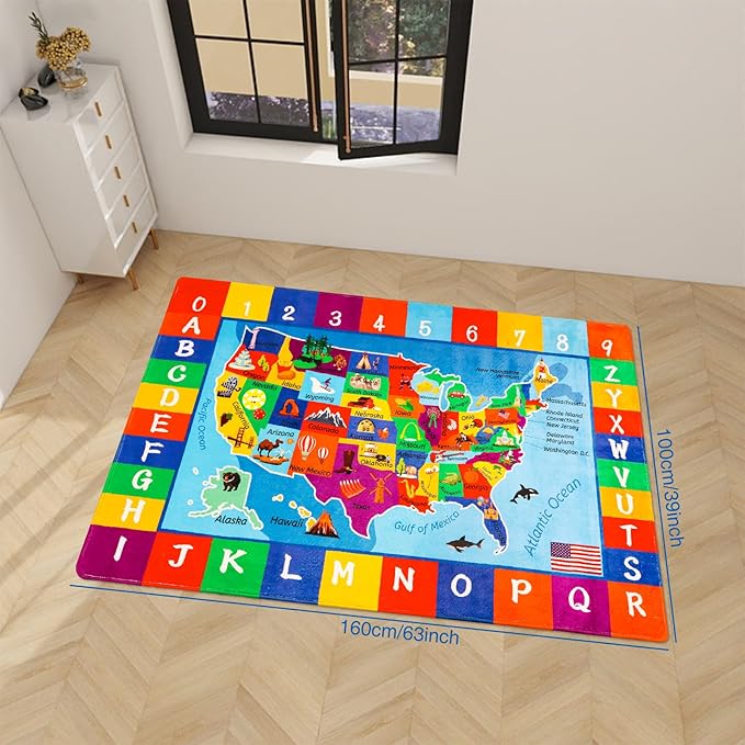 USA Map ABC Kid Rug 39.4" × 63" for Playroom Geography Classroom Rug Educational Baby Playmat Alphabet Mat for Primary School Fluffy Ployester Non-Slip Preschool Carpet for Nursery Room