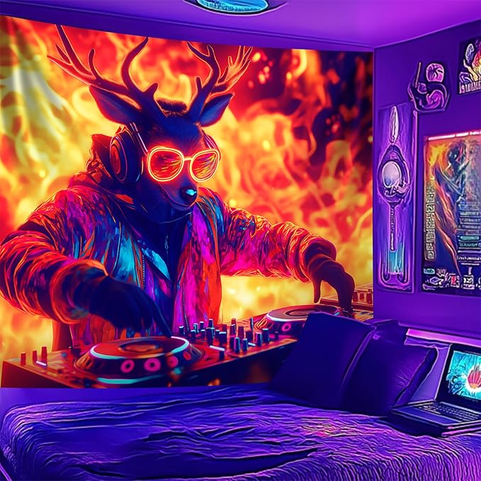 NYZE Deer Tapestry for Bedroom, Music Wall Tapestry, Party Decor Glow in the Dark Room Decor Tapestries, Cool Galaxy Planet Wall Hanging, Wall Hanging for Room Dorm 79in×59in