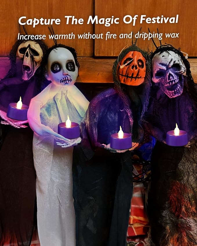 Purple LED Candles, 12 Pack Tea Lights Candles Battery Operated, Flameless Tealight Candle, Realistic Tea Lights for Halloween Christmas Party Decor Mardi Gras