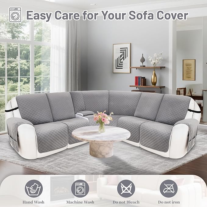 Reclining Sectional Couch Covers 100% Waterproof Velvet L Shape Recliner Couch Covers for Dogs Washable Anti Slip Recliner Slipcovers with Pockets (5 Seat Sofa with 1 Console, Silver Gray)