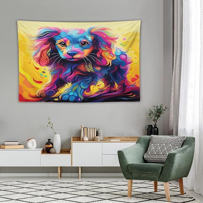 VUMIVI Colorful Cute Dog Tapestry Rainbow-Hued Oil Painting Pet-Themed Abstract Art Print Tapestry Wall Hanging for Living Room Bedroom Dorm Classroom Aesthetic Decor W60xL40in