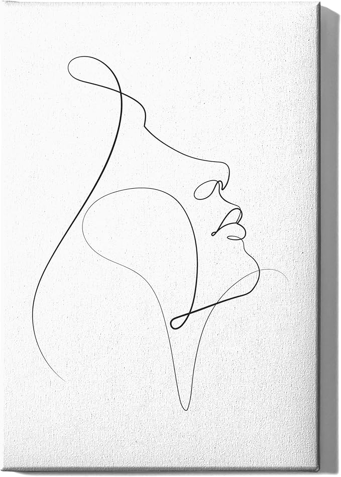 Minimalist Woman Profile Wrapped Canvas Wall Art Upward Gaze Continuous Line Drawing 24x36 Inch Gallery Stretched Modern Asian Home Art Decor