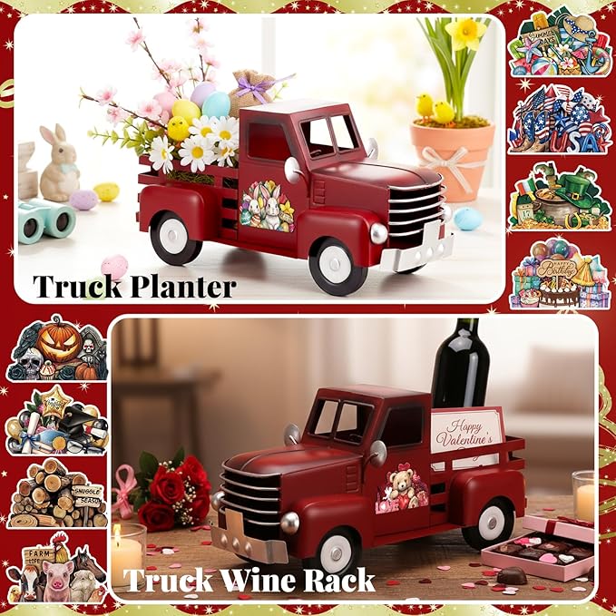 Valentines Day Truck Decor 12.2 Inch Farmhouse Vintage Metal Truck with 16 Magnet Valentines Table Decoration for Home Kitchen Spring Mantel Holiday Interchangeable Seasonal Decor(Red)