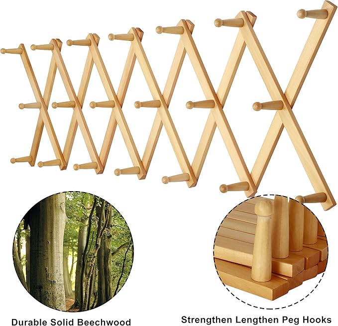 Dseap Accordian Wall Hanger: 16” High Wooden Wall Expandable Coat Rack, Hat Rack Holder, Accordion Hook for Baseball Caps, Coats, Mugs, 20 Peg Hooks, Natural