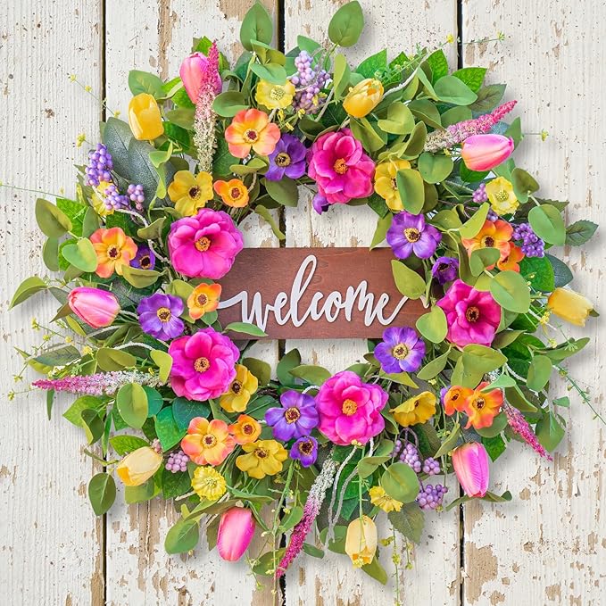 Spring Wreaths for Front Door Outside – 24 Inch Artificial Tulip & Wildflower Summer Wreath with Green Eucalyptus Leaves and Welcome Sign- Indoor Outdoor Farmhouse Home Porch Wall Decor