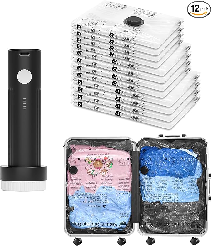 SUOCO Travel Vacuum Bags with Portable Electric Pump, 12 Combo (4L/4M/4S) Compression Packing Seal Cubes for Clothing Suitcase Luggage Organizer, Space Saver Clothes Storage Bags