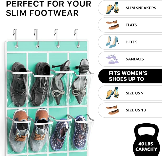 Simple Houseware 24 Pockets - Crystal Clear Over The Door Hanging Shoe Organizer, Turquoise (64'' x 19'')