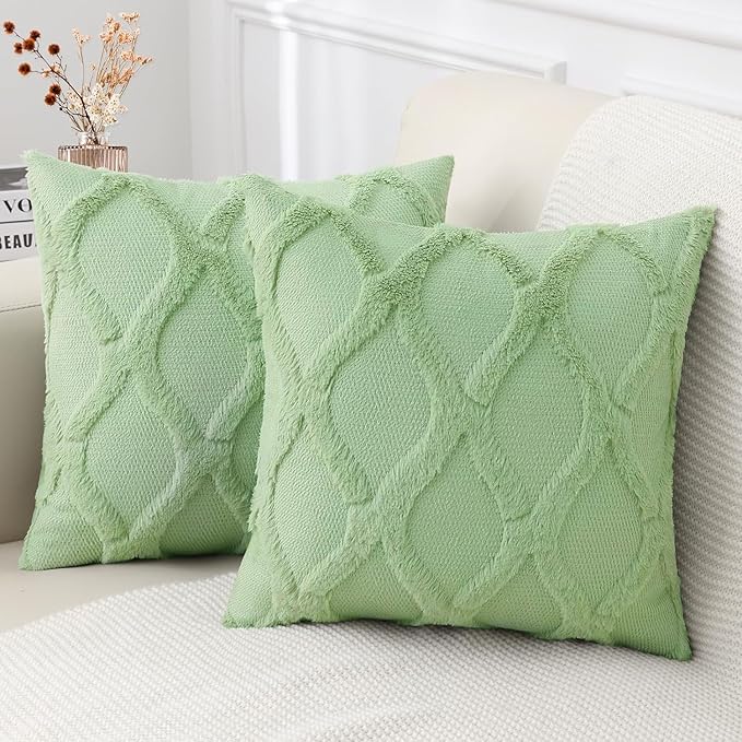 decorUhome Spring Throw Pillow Covers 20x20 Inch Set of 2, Soft Plush Faux Fur Wool Sage Green Couch Pillow Covers, Decorative Neutral Pillow Cases for Bed Sofa Living Room Home Decor