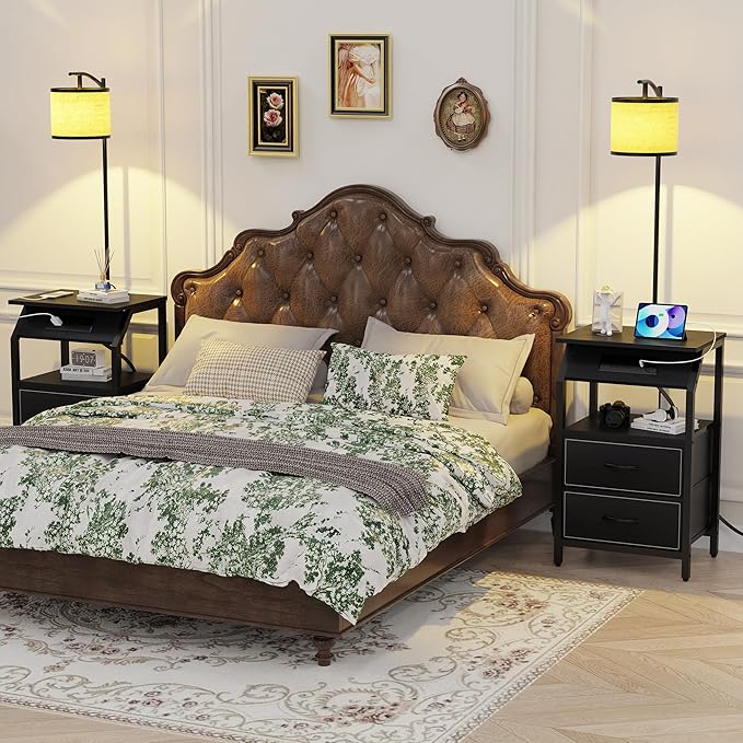 End Table with Floor Lamp, Nightstand with Charging Station, Floor Lamp Table with 3-Color Temperature Bulb, Bedside Table Night Stand with 2 Drawers for Bedroom, Living Room, Black