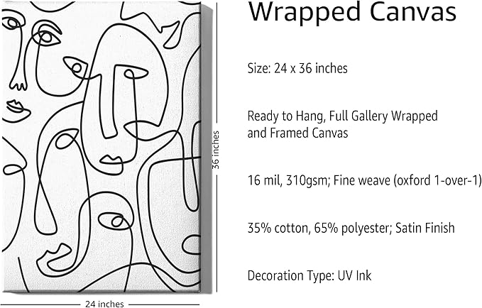 Abstract Face Pattern Wrapped Canvas Wall Art Collage of Modern Faces Continuous Line Drawing 24x36 Inch Gallery Stretched Modern Home Art Decor