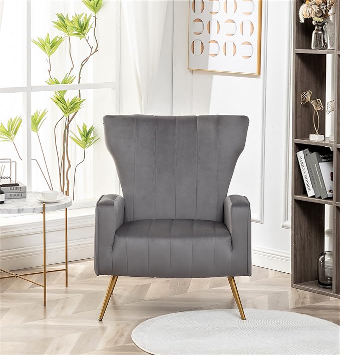 Modern Velvet Accent Chair, Channel Tufted Bedroom, Office or Living Room Furniture with Elegant Metal Legs, 26" Wide Armchair, Grey