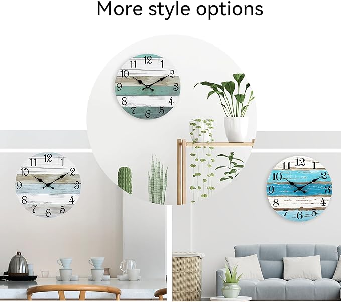 CHYLIN Wall Clock 12 Inch Bathroom Clock, Rustic Wall Clocks Battery Operated, Silent Non Ticking Wooden Coastal Beach Clock for Kitchen, Living Room, Bedroom (White)