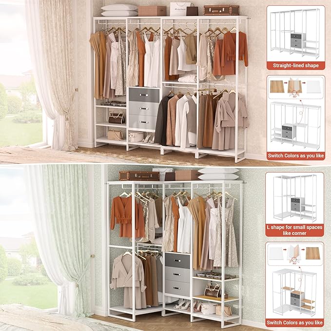Aheaplus Wood Clothes Rack Wardrobe Closets for Hanging Clothes Heavy Duty Garment Rack, Large Corner L Shaped Closet System Organizer Walk-in Closet for Bedroom with 3 Wood Drawers, White Oak