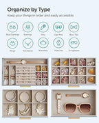 SONGMICS GISELLA Collection - Jewelry Box Organizer, 4-Layer Jewelry Storage with 3 Drawers, Shiny Metal Hardware, Glass Lid, Modern, 6 x 9.9 x 8.5 Inches, Smoky Blue and Gold Color UJBC161Q01