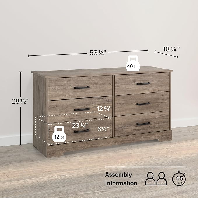 Prepac Rustic Ridge Farmhouse 6-Drawer Double Dresser, Brown Dresser for Bedroom, Chest of Drawers with 6 Storage Drawers, 53.25” wide x 18.25” deep x 28.5” tall, Brown