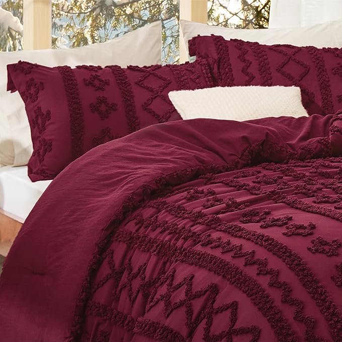 Bedsure Tufted Boho Comforter Set Twin Size - Burgundy Boho Bed Set, GentleSoft™ 2 Pieces Farmhouse Shabby Chic Embroidery Bedding, Gifts for Woman, Soft Jacquard Twin Comforter for All Seasons