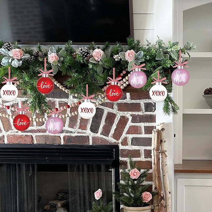 Valentines Tree Decorations, 12 Pcs Valentine Ornaments for Tree, Valentine's Day Hanging Ornament for Christmas Tree, Red Pink White Plastic Ball Ornaments