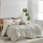 MooMee Striped Duvet Cover Set 100% Washed Cotton Linen Like Textured Breathable Durable Soft Comfy (White Sage Green Wide Stripes, Full 80"x90")