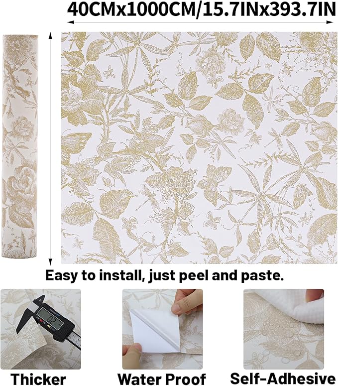 Drawer Liner Contact Paper for Dresser Peel and Stick Wallpaper Sketched Design 15.7x394in Self Adhesive Removable Champagne Maroon Rose Floral Butterfly Vintage Cabinet Shelf Renter Friendly
