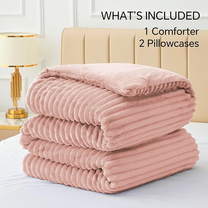 BEDELITE Fleece Full Comforter Set -Super Soft & Warm Fluffy Dusty Pink Bedding, Luxury Fuzzy Heavy Bed Set for Winter with 2 Pillow Cases