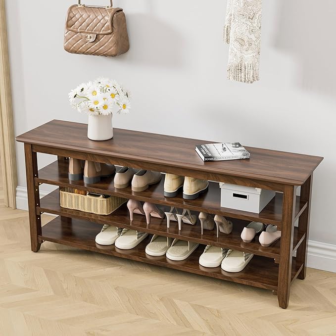 Shoe Rack Bench, 4-Tier Shoe Shelf Organizer, 47.2" Entryway Storage Bench for Hallway, Bedroom, Living Room, Bedroom, Hold up to 550 lbs, Solid Wood, Dark Brown