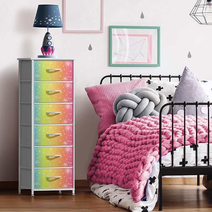 Sorbus Kids Dresser with 6 Drawers - Storage Chest Organizer Nightstand - Steel Frame, Wood Top, Tie-Dye Fabric Bins for Clothes - Wide Furniture for Bedroom, Hallway, Nursery, Closet, & Apartment