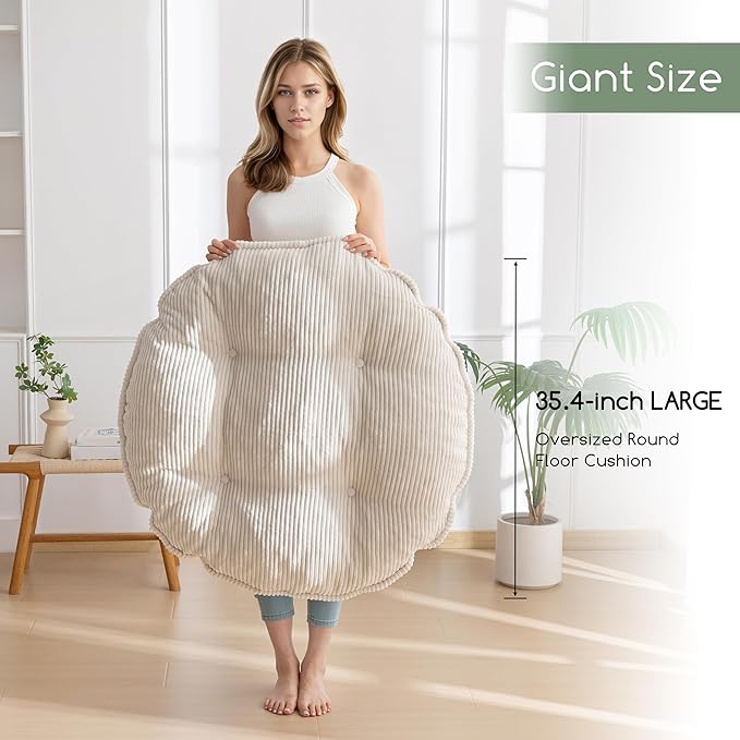 35" Washable Floor Pillow Cushion for Adults, Meditation Cushion Pillow, Extra Large Round Floor Sitting, Removable Tufted Corduroy Cover, for Tatami Living Room or Yoga, Beige, Machine Washable