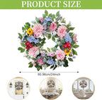 24 Inch Spring Summer Wreaths for Front Door, Spring Summer Door Wreaths, Floral Flowers Wreath with Pink Peony,Rose,Blue Hydrangea,Sunflower,Large Wreaths for Spring Summer Outdoor Home Decor
