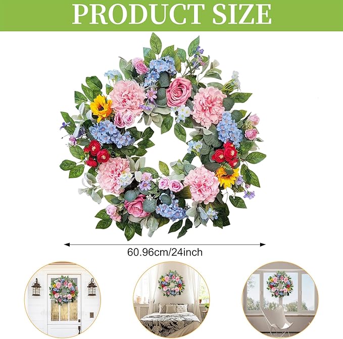 24 Inch Spring Summer Wreaths for Front Door, Spring Summer Door Wreaths, Floral Flowers Wreath with Pink Peony,Rose,Blue Hydrangea,Sunflower,Large Wreaths for Spring Summer Outdoor Home Decor