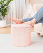 Round Ottoman with Storage, Boucle Foot Rest Stool with Reversible Tray Lid, Folding Teddy Ottoman Coffee Table for Dorm Living Room Bedroom Entryway, Pink,13" x 13" x 13.8"