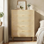 GarveeHome Rattan 5 Drawer Dresser, Modern Chest of Drawers with Gold Legs and Gold Handles, Tall Dresser with Large Tabletop and Anti-Tipping Design for Bedroom Living Room, Natural