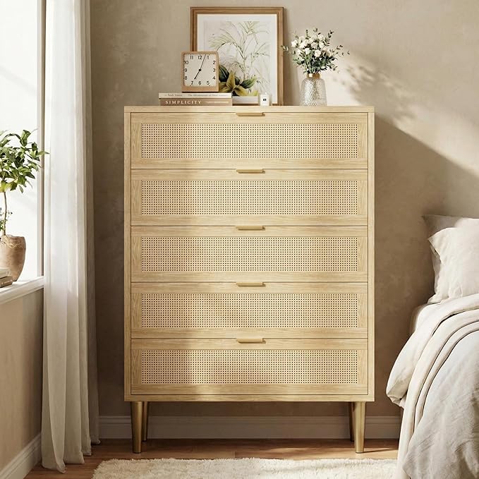 GarveeHome Rattan 5 Drawer Dresser, Modern Chest of Drawers with Gold Legs and Gold Handles, Tall Dresser with Large Tabletop and Anti-Tipping Design for Bedroom Living Room, Natural