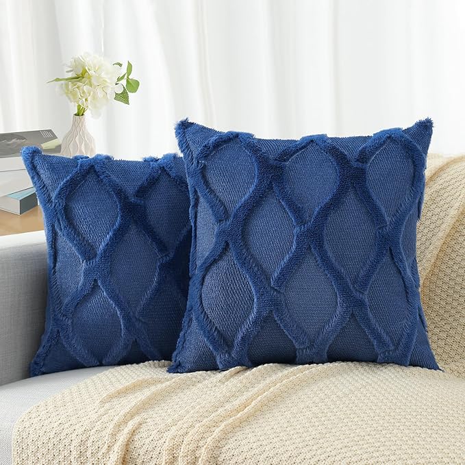 decorUhome Spring Throw Pillow Covers 18x18 Inch Set of 2, Soft Plush Faux Fur Wool Dark Blue Couch Pillow Covers, Decorative Neutral Pillow Cases for Bed Sofa Living Room Home Decor