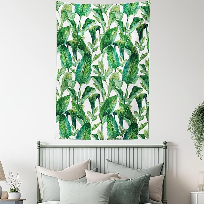 Ambesonne Leaf Tapestry Queen Size, Romantic Holiday Island Hawaiian Banana Trees Watercolored Image, Wall Hanging Bedspread Bed Cover Wall Decor, 88" X 88", Forest Green
