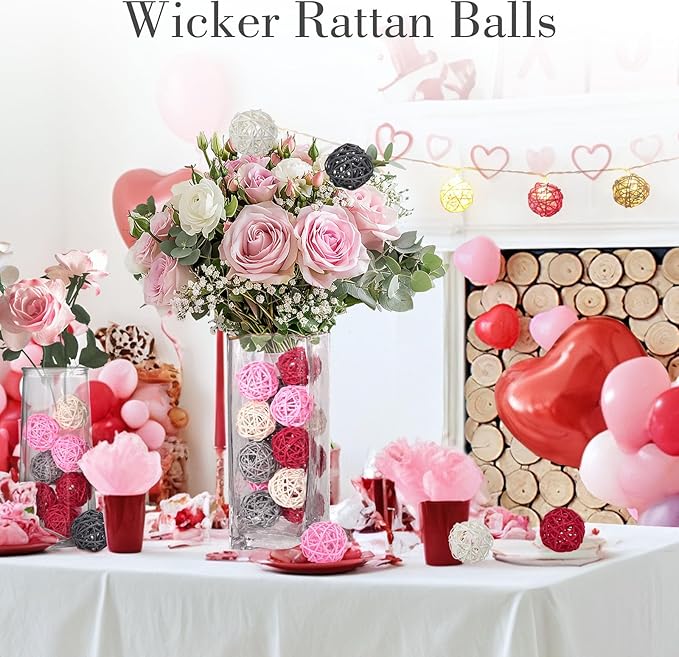 DomeStar Valentines Day Tiered Tray Heart Bowl Fillers Decor, 24PCS Pink Rattan Balls Decorative Balls for Bowl Centerpiece, 2 Inches Home Indoor Table Decor