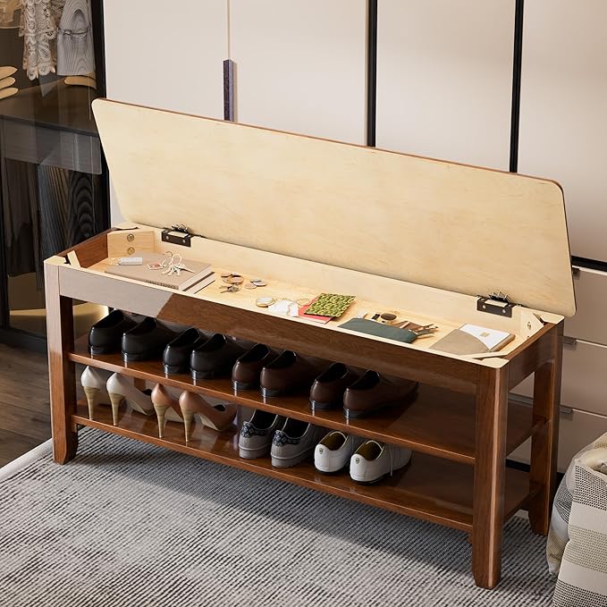 Shoe Storage Bench for Entryway - 3 Tier Shoe Rack for Front Door Entrance, Rubberwood Shoes Rack Height Adjustable, Entryway Bench with Shoes Storage for Any Room (Walnut, 39.4" W)