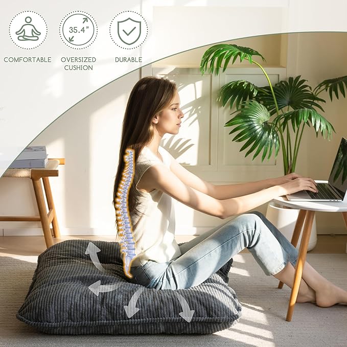 35" Washable Floor Pillow Cushion for Adults, Meditation Cushion Pillow, Extra Large Square Floor Sitting, Removable Tufted Corduroy Cover, for Tatami Living Room or Yoga, Dark Grey, Machine Washable