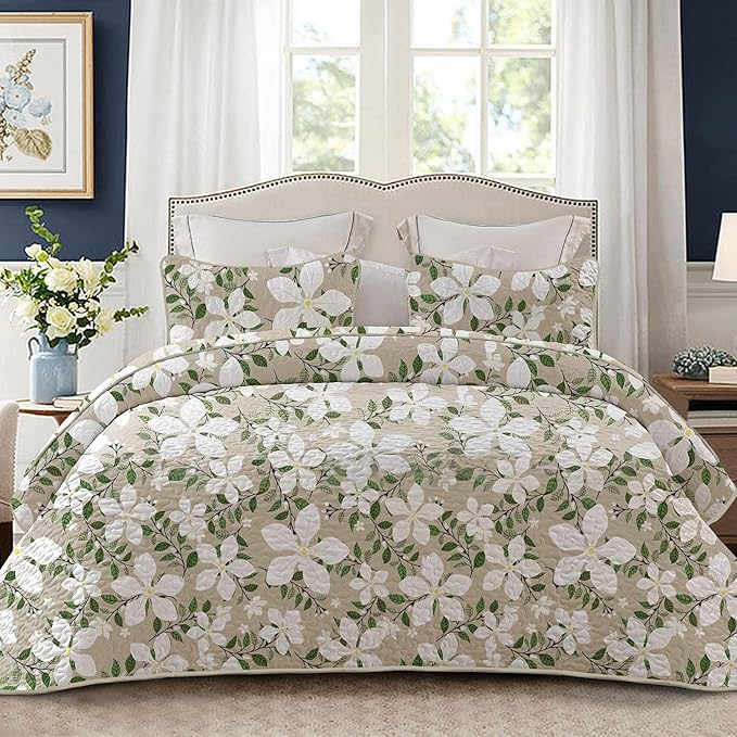 Whale Flotilla Reversible Printed Quilt King Size, Extra Soft Boho Floral Leaf Bedspreads for Bed Lightweight King Quilt Bedding Set Coverlets with 2 Pillow Shams for All Seasons, White Bone