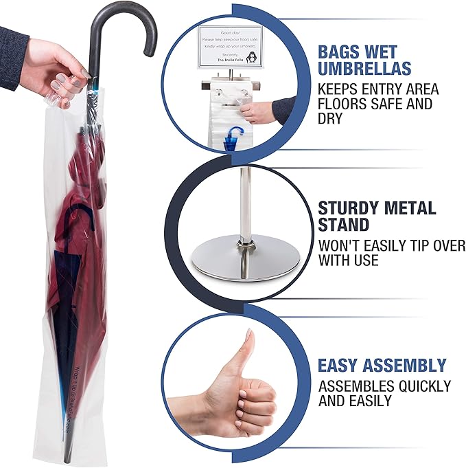 Umbrella Bag Wrapper Station with Sign Frame - Wrap Umbrellas for Rain - Be Safe, Wrap it up! - 100 Long Bags Included