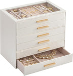 Lolalet Jewelry Box Organizer, 6-Layer Jewelry Organizers and Storage Case with Glass Lid, Ring Earring Bracelet Necklace Holder Organizer, Birthday Valentine Gifts for Women Girls -6Layer, Beige