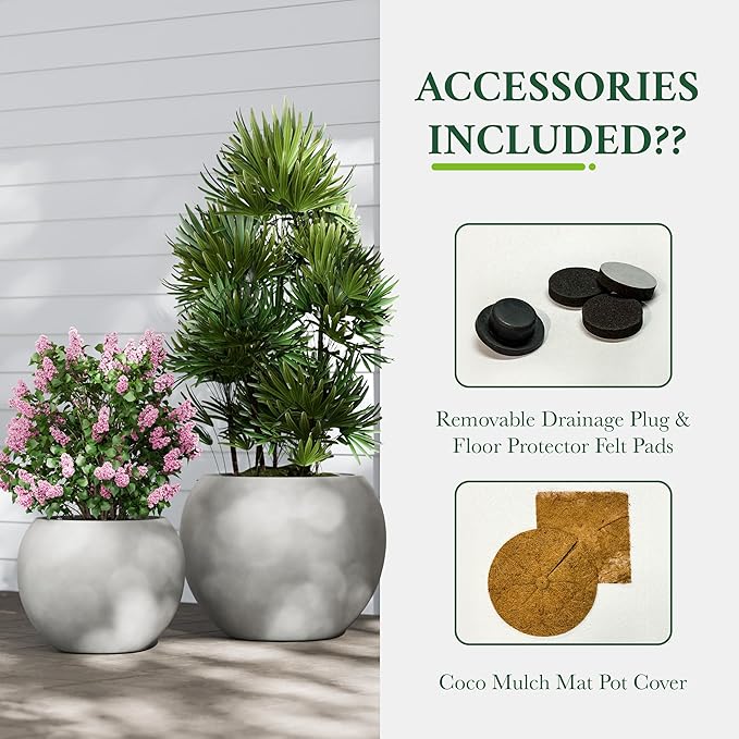 DTY Mount Sherman 16.1'' D x 13.6'' H (Pot Opening 11.8") Fiberstone Round Planter with Drainage Hole, Smooth Finishes, Weather Resistant for Indoor and Outdoor, 2 Extra Coco Mats - Gray, Medium