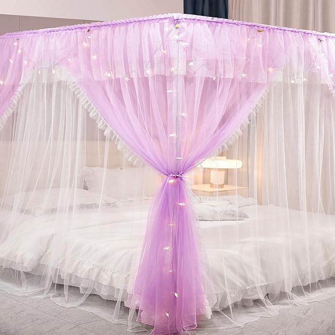 VETHIN 4 Corners Post Ruffle Princess Bed Canopy Curtain-Double Layer Cozy Drape Netting 4 Opening Mosquito Net for Girls Adults Bedroom Decoration (Double-Purple, 78" W*86" L*82"*H/(King))