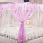 VETHIN 4 Corners Post Ruffle Princess Bed Canopy Curtain-Double Layer Cozy Drape Netting 4 Opening Mosquito Net for Girls Adults Bedroom Decoration (Double-Purple, 78" W*86" L*82"*H/(King))