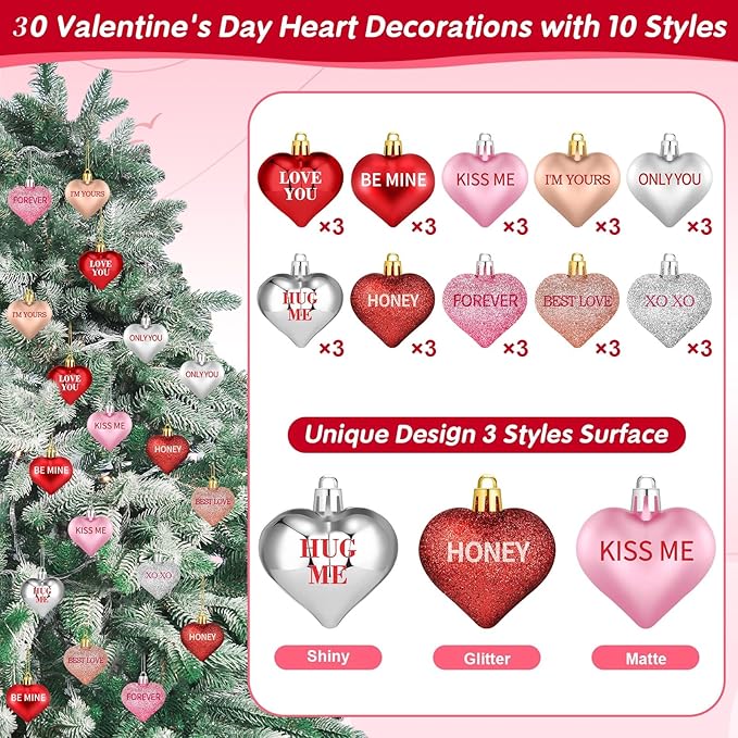 30Pcs Valentine's Day Heart Shaped Ornaments with Sweet Love Words, 10 Styles Valentine Heart Ornaments for Tree, Red Pink Glitter Valentine's Hanging Decorations for Wedding Anniversary