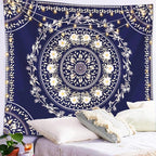Lifeel Blue Bohemian Tapestry Wall Hanging, Mandala Floral Medallion Hippie Tapestry with White Aesthetic Wreath Design, Navy Wall Decor Blanket for Bedroom Home Dorm, Large 68×80 inches
