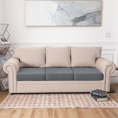 100% Waterproof Couch Cushion Covers, Replacement Sofa Cushion Covers, Stretch Individual Sofa Seat Cushion Slipcovers Furniture Protector for Kids Pets (3-Piece Sofa Cushion Cover, Grey)