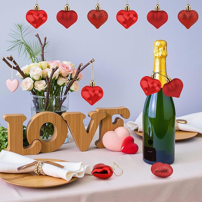 Valentines Day Heart Ornaments, 24Pcs Hanging Heart Ornaments, Glitter Red Heart-Shaped Baubles for Outdoor Wedding Anniversary Mother's Day Romantic Galentines Valentines Day Party Decoration