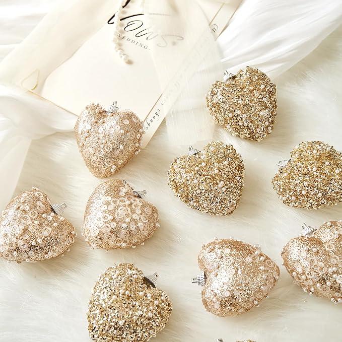 Champagne Christmas Ball Heart Ornaments 10Pcs Glitter Sequin Heart Shaped Baubles Decoration Valentines Pearl Foam Hanging Decor(2.36in)