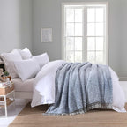 Ultra Soft Fleece Sherpa Blanket King Size,Lightweight Cozy Boho Bed Blanket with Decorative Tassel, Pattern Reversible, 2 Tones Ombre Blue,104”x90”